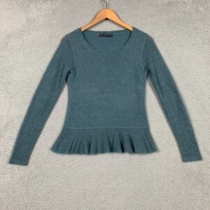 Peruvian Connection Sweater Women's Small Blue Alpaca Wool Blend Ruffle Hem Cozy